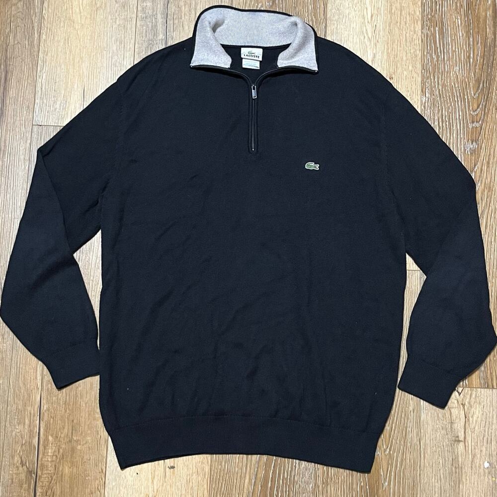 Lacoste Heavy Knit Quarter Zip Black Mens 7 XL EUC Preppy Logo Classic France